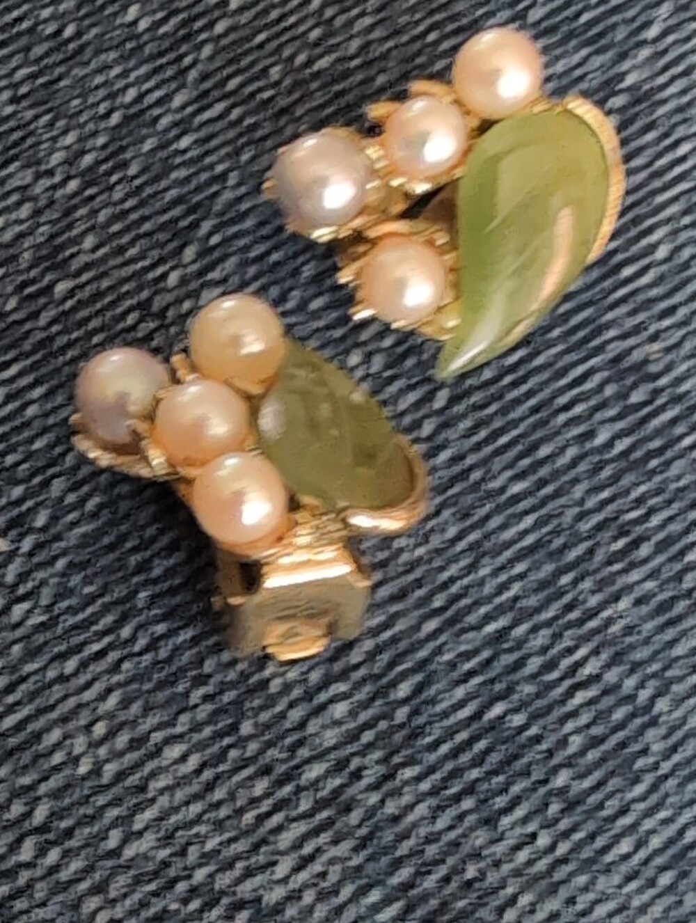 Swoboda Gold-Tone Clip Earrings with Pink Pearls and Olive Green Leaf